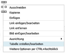 Tabelle Klick rechte Maustaste