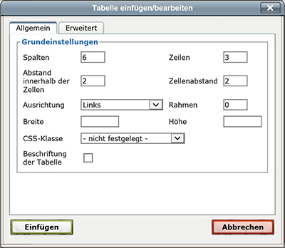 Tabelle einfügen/bearbeiten