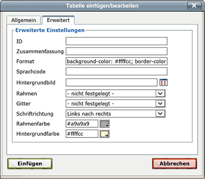 Tabelle einfügen erweitert